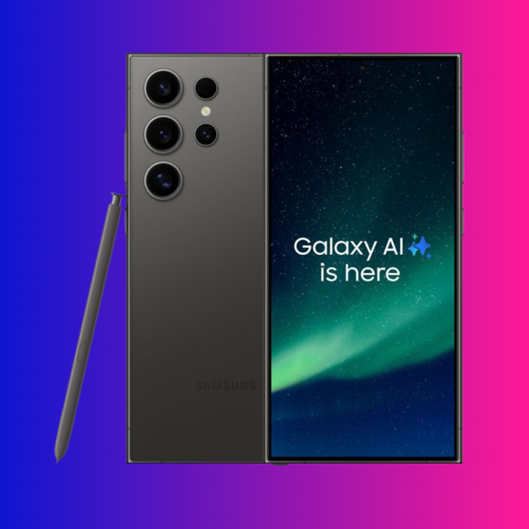 Used Samsung s24 ultra with 'Galaxy AI is here' text on a gradient background